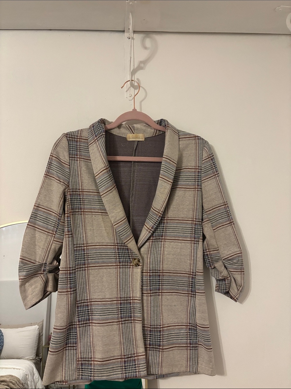 Altar'd State Beige Plaid Shawl-Collar Blazer with Blue & Brown Accents